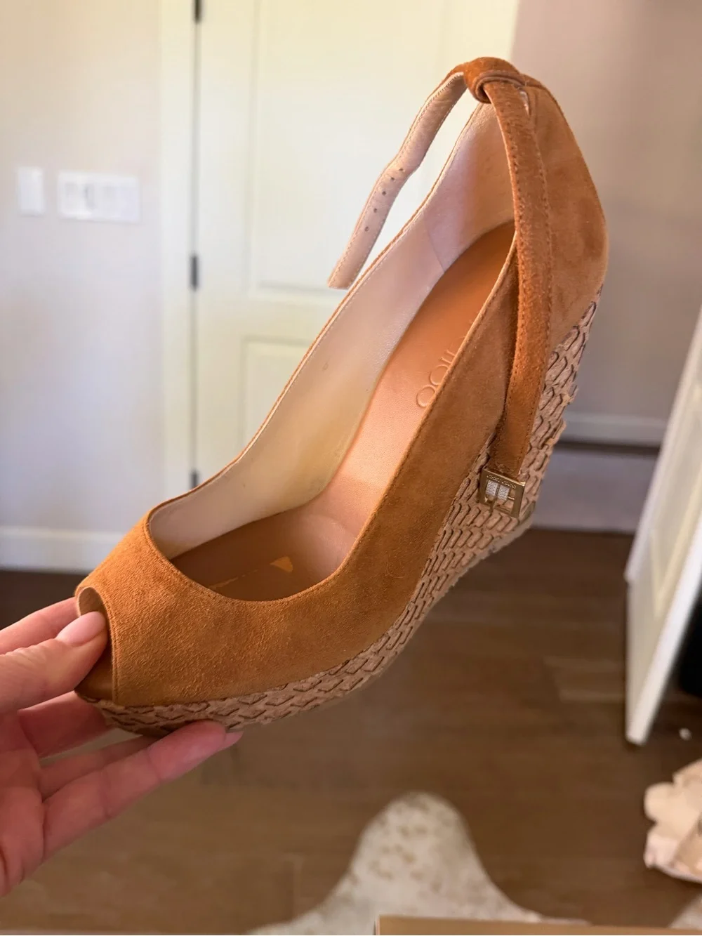 Jimmy Choo Cognac Suede Peep-Toe Espadrille Wedge Sandals